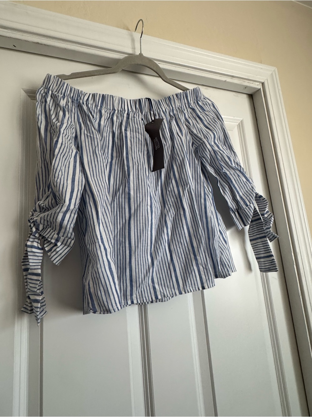 New Sans Souci Small Denim Blue Off White Stripe Off The Shoulder Cotton Top